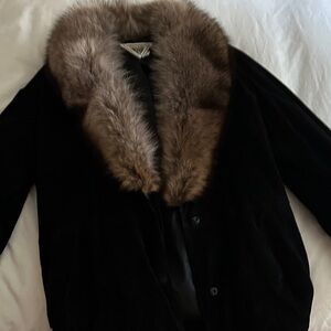 Marvin Richards Black Pea Coat with Brown Fur Collar